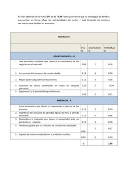 El valor obtenido de la matriz EFE es de “2.98 “esto quiere decir que las estrategias de Bembos
aprovechan  en  forma  eficaz
