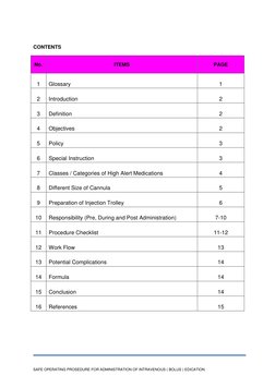 SAFE OPERATING PROSEDURE FOR ADMINISTRATION OF INTRAVENOUS ( BOLUS ) EDICATION 
 
 
 
CONTENTS 
 
No. 
 
ITEMS 
 
PAGE