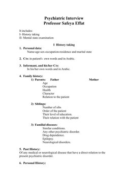 Psychiatric Interview
Professor Safeya Effat
It includes:
I- History taking 
II- Mental state examination
I  History taking
1