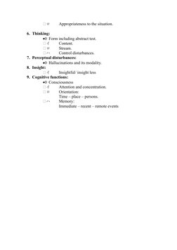 ロ
Appropriateness to the situation.
6. Thinking:
0 Form including abstract test.
イ
Content.
ロ
Stream.
ハ
Control disturba