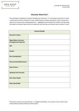 Copyright © 2015 Ben Kesp 
Kesp Writing   
This sheet is free for your personal use.  It is illegal to distribute, use or pla