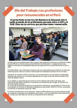 Día del Trabajo: Las profesiones 
peor remuneradas en el Perú 
El portal Ponte en Carrera del Ministerio de Educación listó e