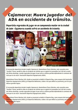 Cajamarca: Muere jugador del 
ADA en accidente de tránsito. 
Deportista regresaba de jugar en un campeonato master en la ciud