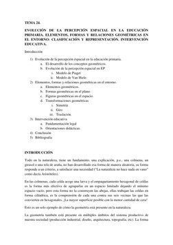 TEMA 24. 
EVOLUCIÓN DE LA PERCEPCIÓN ESPACIAL EN LA EDUCACIÓN 
PRIMARIA. ELEMENTOS, FORMAS Y RELACIONES GEOMÉTRICAS EN 
EL EN