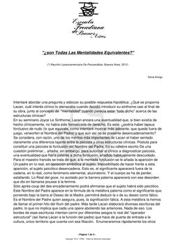 "¿son Todas Las Mentalidades Equivalentes?"
(*) Reunión Lacanoamericana De Psicoanálisis. Buenos Aires. 2013.-
Silvia Amigo
I