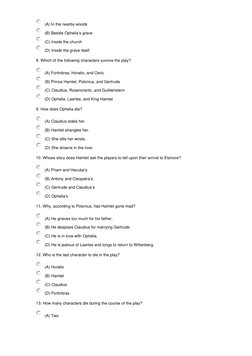 (A) In the nearby woods
(B) Beside Ophelia’s grave
(C) Inside the church
(D) Inside the grave itself
8. Which of the followin