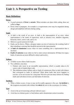 Software Testing 
 
R.Jaya    Sr.Asst. Professor, Dept. of CSE, NHCE, Bangalore 
Page 1 
 
Unit 1: A Perspective on Testing