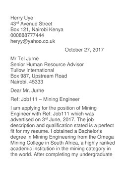 Herry Uye 
43rd Avenue Street 
Box 121, Nairobi Kenya 
000888777444 
heryy@yahoo.co.uk 
       October 27, 2017 
Mr Tel Jurne