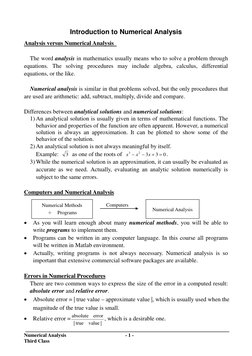 Numerical Analysis   
- 1 - 
 
Third Class 
Introduction to Numerical Analysis 
UAnalysis versus Numerical Analysis  
 
The w