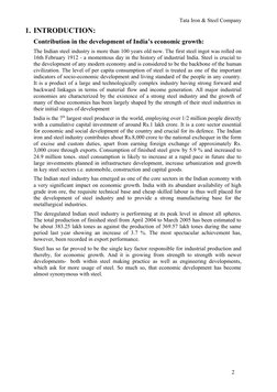 Tata Iron & Steel Company
1. INTRODUCTION:
Contribution in the development of India’s economic growth:
The Indian steel indus