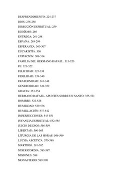 DESPRENDIMIENTO: 224-237 
DIOS: 238-258 
DIRECCIÓN ESPIRITUAL: 259 
EGOÍSMO: 260 
ENTREGA: 261-288 
ESPAÑA: 289-299 
ESPERANZ
