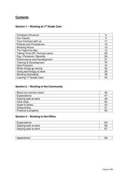 Page 3 of 70 
 
Contents 
 
Section 1 – Working at 1st Grade Care 
 
Company Structure 
4 
Our Values 
5 
Your Contract with