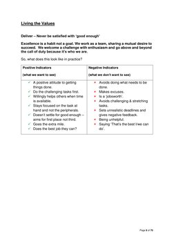 Page 6 of 70 
 
Living the Values 
 
Deliver – Never be satisfied with ‘good enough’ 
Excellence is a habit not a goal. We wo