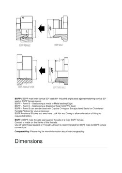 BSPP : BSPP male with conical 30° seat (60° included angle) seal against matching conical 30° 
seat of BSPP female swive