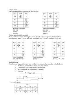 Critical Races: 
The transition tables below illustrate critical races:
y1y2 
x=0 
x=1 
00 
00 
11 
01 
 
01 
11 
 
11 
10