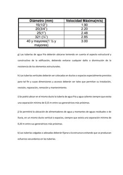g) Las tuberías de agua fría deberán ubicarse teniendo en cuenta el aspecto estructural y 
constructivo de la edificaci