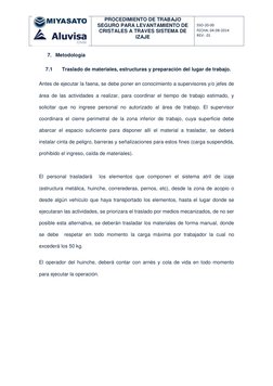 PROCEDIMIENTO DE TRABAJO 
SEGURO PARA LEVANTAMIENTO DE 
CRISTALES A TRAVES SISTEMA DE 
IZAJE 
 
SSO-20-00 
FECHA: 04-08-201