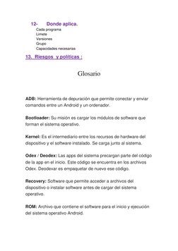 12- 
Donde aplica. 
Cada programa 
Limete  
Versiones 
Grupo  
Capacidades necesarias  
13.  Riesgos  y políticas : 
Glosario