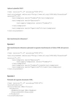 Aplicar la plantilla XSLT:
<?xml version="1.0" encoding="UTF-8"?>
<xsl:stylesheet xmlns:xsl="http://www.w3.org/1999/XSL/Trans