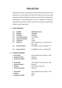 HOJA DE VIDA 
 
Profesional en Derecho, especializado en Derecho Civil y Comercial con amplia 
experiencia en el sector públi