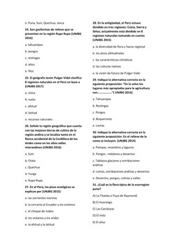 e. Puna, Suni, Quechua, Janca 
24. Son geoformas de relieve que se 
presentan en la región Rupa Rupa (UNJBG 
2016) 
a. tahuam