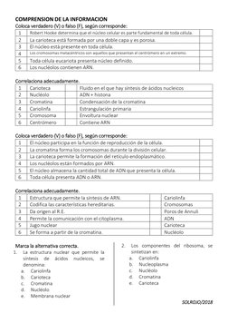 COMPRENSION DE LA INFORMACION 
Coloca verdadero (V) o falso (F), según corresponde: 
1 
Robert Hooke determina que el núcleo
