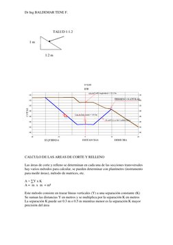 Dr Ing BALDEMAR TENE F. 
 
 
 
 
 
 
 
 
 
 
CALCULO DE LAS AREAS DE CORTE Y RELLENO 
 
Las áreas de corte y relleno se deter
