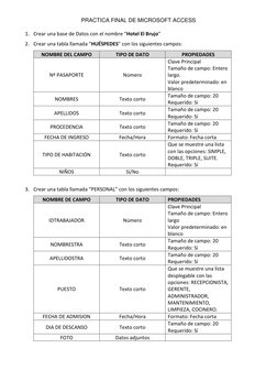 PRACTICA FINAL DE MICROSOFT ACCESS 
1. Crear una base de Datos con el nombre “Hotel El Brujo” 
2. Crear una tabla llamada “HU