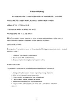 2
 
Pattern Making 
 
ADVANCED NATIONAL TECHNICAL CERTIFICATE IN FOUNDRY CRAFT PRACTICES 
 
PROGRAMME: ADVANCED NATIONAL TE