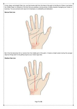 Page 7 of 25 
 
A long, deep, and straight Fate Line, one that travels right from the base of the palm to the Mount of Saturn