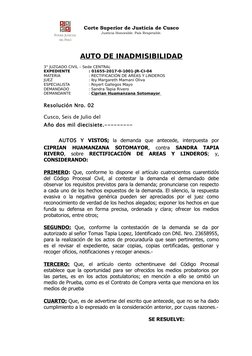 Corte Superior de Justicia de Cusco
Justicia Honorable. País Respetable.
AUTO DE INADMISIBILIDAD
3° JUZGADO CIVIL – Sede CENT