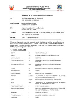 GOBIERNO REGIONAL DE PUNO
GOBIERNO REGIONAL DE PUNO
GERENCIA REGIONAL DE INFRAESTRUCTURA
SUB GERENCIA DE OBRAS    
**********