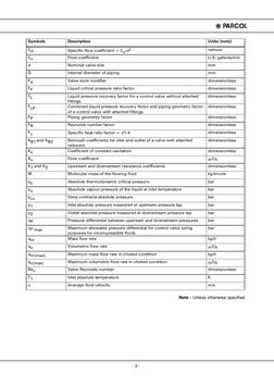 * PARCOL
- 2 -
Note - Unless otherwise specified
Symbols
Description
Units (note)
Cd
Specific flow coefficient = Cv/d2
variou