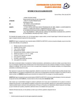 CONSORCIO EJECUTOR  
PASCO SEGURO 
 
INFORME N°002-2018-SLBM/ARO/CEPS 
 
Cerro de Pasco, 09 de Julio del 2018 
 
A 
 
 
: JOH