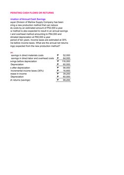 NET OPERATING CASH FLOWS OR RETURNS
Determination of Annual Cash Savings
The Visayan Division of Marlow Supply Company has be