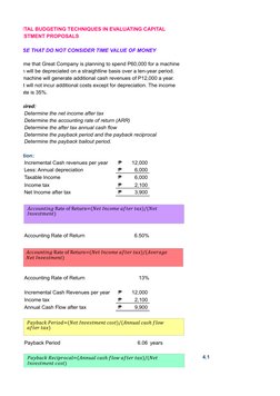 CAPITAL BUDGETING TECHNIQUES IN EVALUATING CAPITAL 
INVESTMENT PROPOSALS
THOSE THAT DO NOT CONSIDER TIME VALUE OF MONEY
Assum
