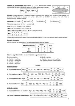 7 
 
Teorema da Probabilidade Total: Sejam 
nA
A
A
,
,
,
2
1

 eventos que formam 
uma partição do espaço amostral. Seja A