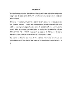RESUMEN 
El presente trabajo tiene por objetivo observar y conocer las diferentes etapas 
de proceso de elaboración del ladri