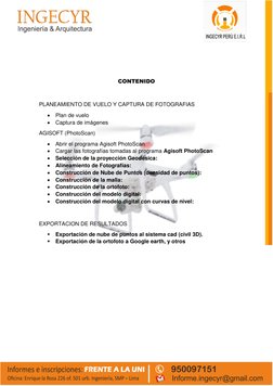 CONTENIDO 
 
PLANEAMIENTO DE VUELO Y CAPTURA DE FOTOGRAFIAS 
 Plan de vuelo 
 Captura de imágenes 
AGISOFT (P