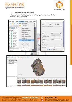  Construcción de la ortofoto: 
Clic en el menú Workflow, en el área desplegada hacer clic en Build 
Orthomosaic y cl