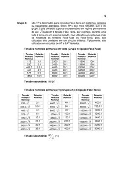 5
Grupo 3:  
são TP’s destinados para conexão Fase-Terra em sistemas  isolados 
ou fracamente aterrados. Estes TP’s são mai