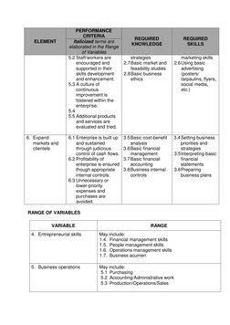 ELEMENT 
PERFORMANCE 
CRITERIA 
REQUIRED 
KNOWLEDGE 
REQUIRED 
SKILLS 
Italicized terms are 
elaborated in the Range 
of Vari