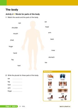 Page 4
Unit 5
E1
ESOL
The body
Activity A G Words for parts of the body
1 Match the words and the parts of the body.
Rw/E1.1a