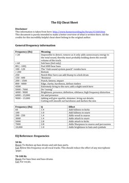 The EQ Cheat Sheet 
 
Disclaimer 
This information is taken from here: http://www.homerecording.be/forum/t11664.htm 
This doc