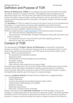 MyManagementGuide.com
Free Downloads
Definition and Purpose of TOR
Terms of Reference (TOR) are a strategy-level document tha