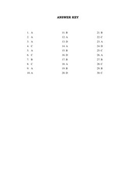 ANSWER KEY 
 
 
1. A 
2. A 
3. A 
4. C 
5. A 
6. C 
7. B 
8. C 
9. A 
10. A 
 
 
 
 
 
 
 
 
 
 
 
 
 
 
11. B 
12. A 
13. D