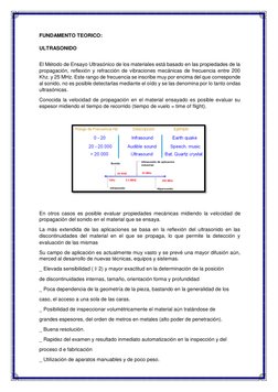 FUNDAMENTO TEORICO: 
 
ULTRASONIDO 
 
El Método de Ensayo Ultrasónico de los materiales está basado en las propiedades de la