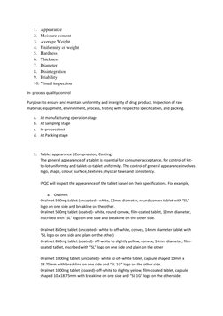 1. Appearance  
2. Moisture content  
3. Average Weight  
4. Uniformity of weight  
5. Hardness  
6. Thickness  
7. Diameter
