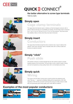 the better alternative to screw type terminals
16A & 32A
The cage clamp terminals are open on delivery so that the stripped c