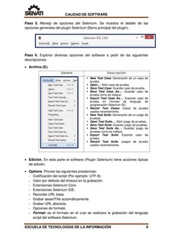 CALIDAD DE SOFTWARE 
Paso 5. Manejo de opciones del Selenium. Se muestra el detalle de las 
opciones generales del plugin Sel